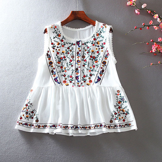 Blusa Retro Holgada con Bordado Floral