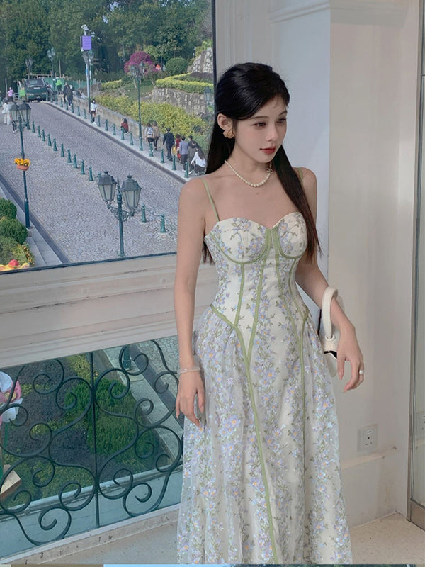 Vestido de Encaje Floral Verano Sensual Cintura Definida Falda Elegante