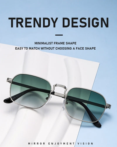 Gold frame square-oval sunglasses with gradient black and grey lenses and black temple tips on a white background. - Image 22