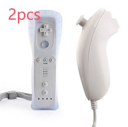 White Wii remote with a light blue silicone sleeve and a white Nunchuk controller with a grey wrist strap. - Image 11