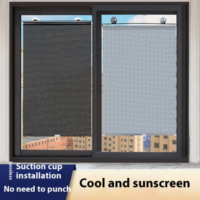 Black perforated roller blind with suction cups for window sun protection, measuring 60x40cm, shown extended.
