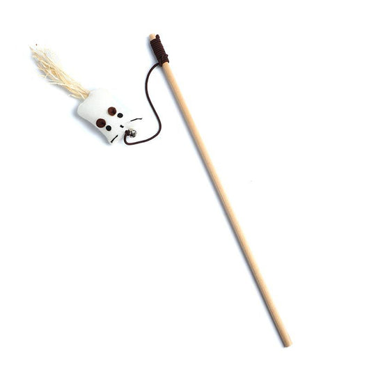 Cat teaser toy with a long wooden pole, a striped ball, brown feathers, and a small bell. - Image 11