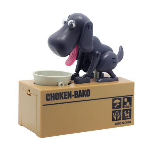 Brown robotic dog piggy bank with a red nose and pink tongue, eating a coin from a grey bowl. - Image 3