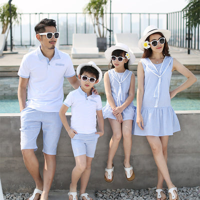 Kids in matching Korean-style summer outfits: boy in white polo and blue gingham shorts, girl in blue gingham dress. - Image 5