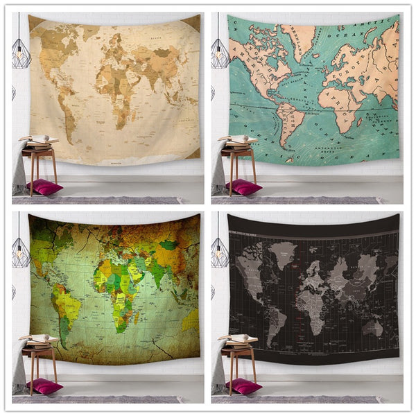 Vintage-style world map tapestry with ocean currents in teal and peach, hanging on a white brick wall.