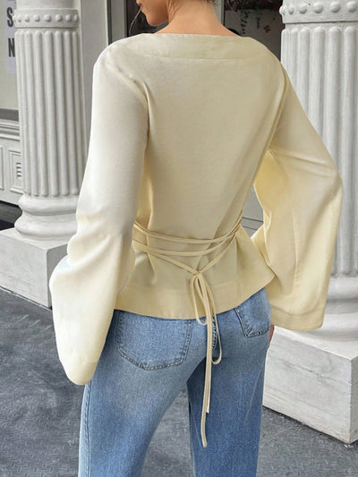 Blusa Tejida Cuello Redondo con Mangas Acampanadas Largas para Mujer - Image 11