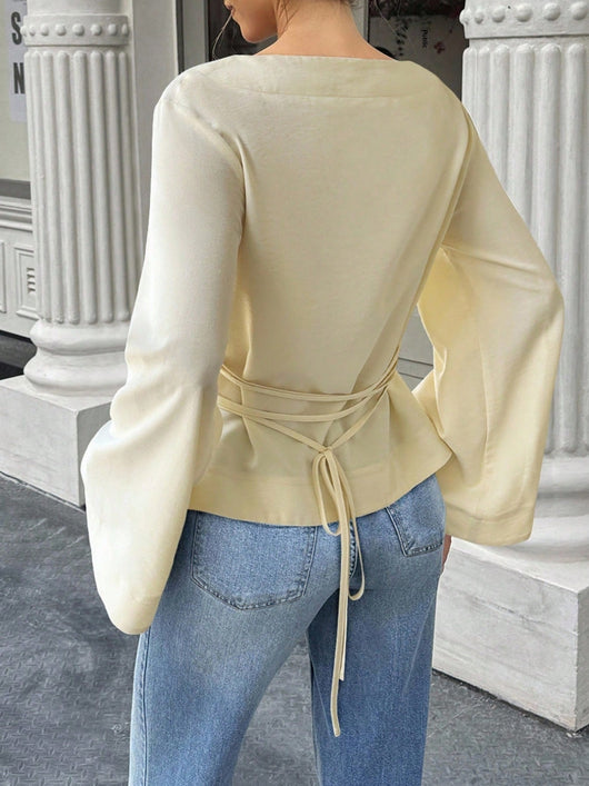 Blusa Tejida Cuello Redondo con Mangas Acampanadas Largas para Mujer - Image 11