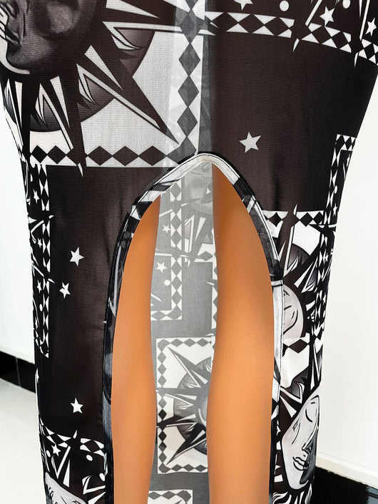 Vestido Largo de Manga Larga con Tul Transparente y Estampado - Image 8