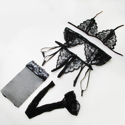 Conjunto de 4 Piezas: Liguero de Encaje, Medias de Malla y Ropa Interior Sensual - Image 10