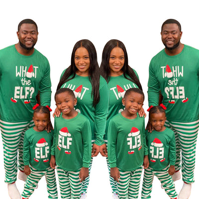 Family of four wearing matching green long-sleeve Christmas pajamas with "ELF" and striped pants. - Image 10