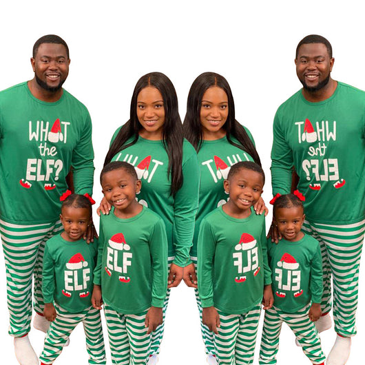 Family of four wearing matching green long-sleeve Christmas pajamas with "ELF" and striped pants. - Image 10