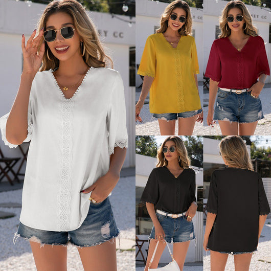Blusa V-Escote Minimalista con Detalles de Encaje - Image 7