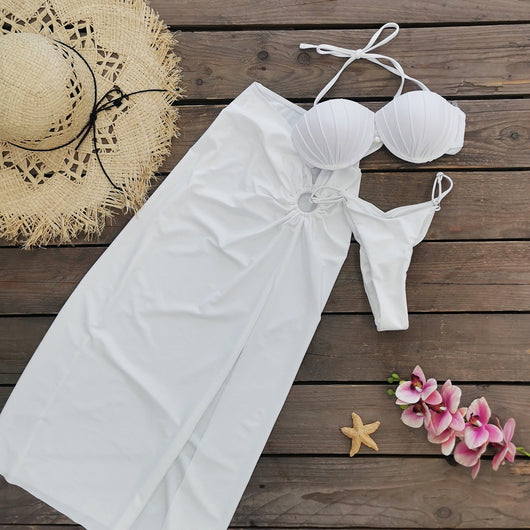 Traje de Baño Tres Piezas con Falda y Top Escotado Liso - Image 6