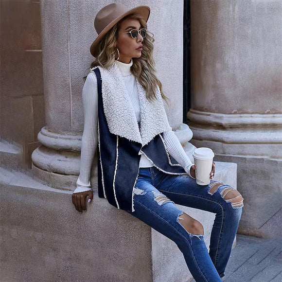 Suede Vest with Large Inverted Lapel - Sleeveless Minimalist Design