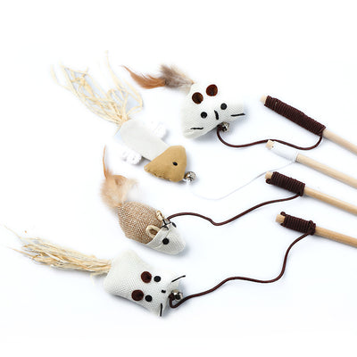 Cat teaser toy with a long wooden pole, a striped ball, brown feathers, and a small bell. - Image 5