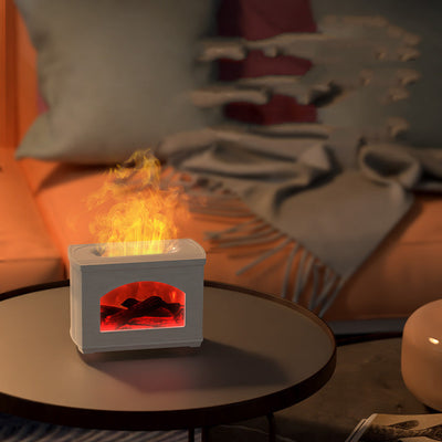 White simulated flame light effect humidifier with a brick texture, displaying realistic logs and a warm glow. - Image 3