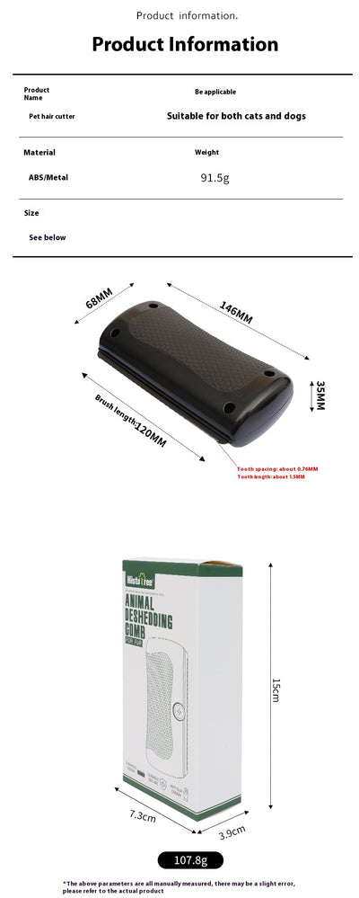 Black HistoTree animal deshedding comb with a textured grip, shown next to its white and green retail box. - Image 10