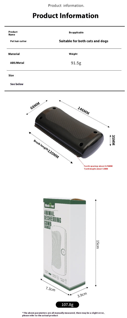 Black HistoTree animal deshedding comb with a textured grip, shown next to its white and green retail box. - Image 10