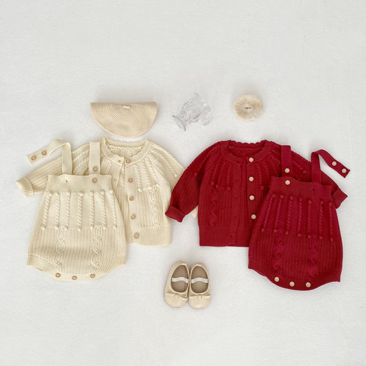 Conjunto de Dos Piezas: Enterizo Tejido con Bolas de Burbujas y Abrigo para Bebé Niña