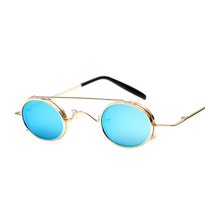 Retro round sunglasses with vibrant red lenses and a black metal frame, featuring a unique flip-up design. - Image 3