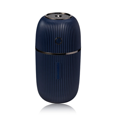 Navy blue portable humidifier with a ribbed texture, silver accents, and a power button on a white background. - Image 12