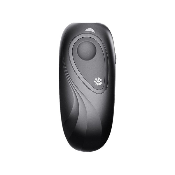 Dark gray handheld ultrasonic dog repeller and training device with a large button and a white paw print icon. - Image 5