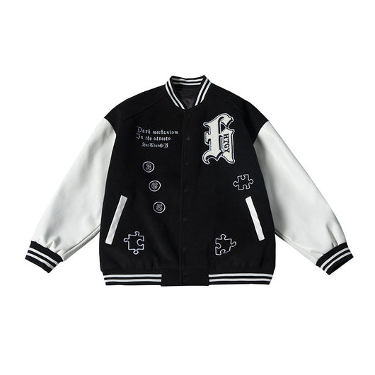 Chaqueta Universitaria Hip Hop con Mangas de Cuero y Bordados - Image 16