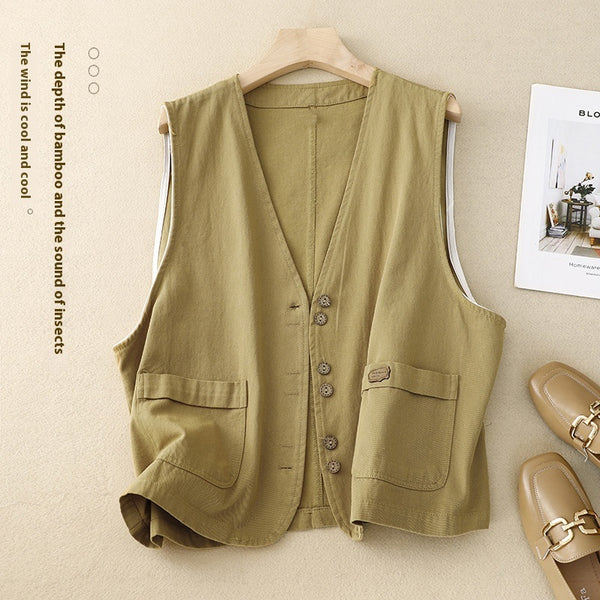 Chaleco Retro Coreano Mujer en Algodón y Lino
