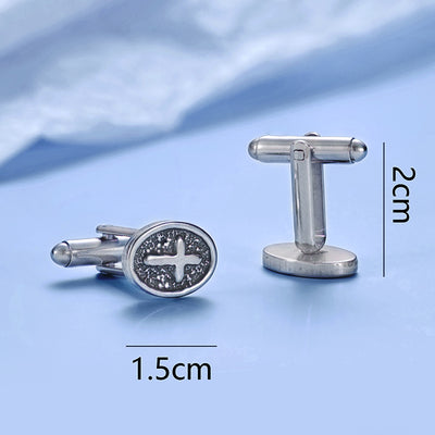 Gemelos Ovalados con Cruz de Acero Inoxidable Plateado para Hombre - Image 3