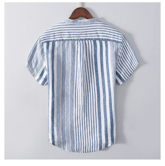 Camisa Casual de Lino Manga Corta a Rayas para Hombre Transpirable - Image 11
