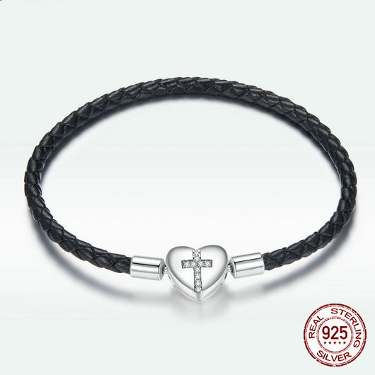 Pulsera de Plata Esterlina 925 Corazón Amor con Cruz Trenzada Negra