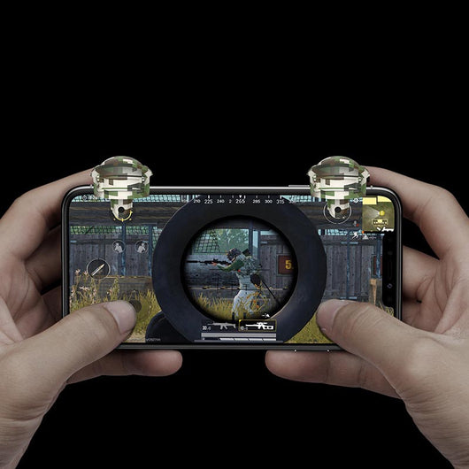 Mobile game trigger accessory with a digital camouflage pattern, designed for smartphones, shown on a white stand. - Image 5