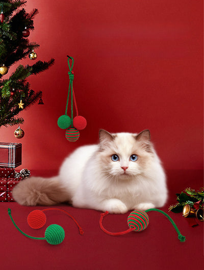 Red and green striped cotton rope ball cat toy with two rope tails, ideal for Christmas interactive play. - Image 14