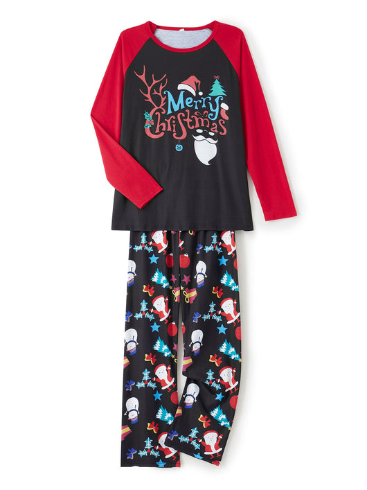 Man wearing a black and red long-sleeve Christmas pajama set with "Merry Christmas" graphic and Santa print pants. - Image 19