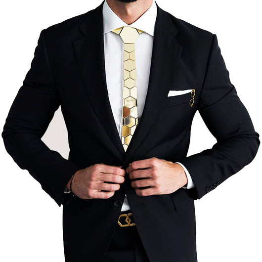 Corbata Cuadros Geométricos con Costuras Doradas para Traje Ejecutivo - Image 11