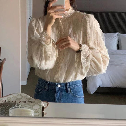 Blusa Elegante con Cuello Mao y Mangas Abullonadas en Encaje - Image 9