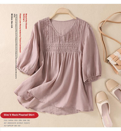 Blusa Suelta de Algodón y Lino con Cuello V - Image 42
