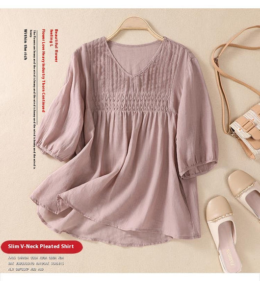 Blusa Suelta de Algodón y Lino con Cuello V - Image 42