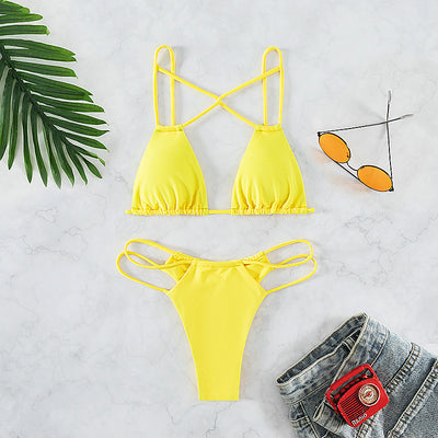Red bean paste women's bikini swimwear with a triangle top and high-cut double-strap bottoms, laid flat. - Image 12