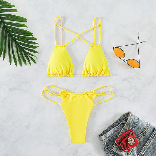 Red bean paste women's bikini swimwear with a triangle top and high-cut double-strap bottoms, laid flat. - Image 12