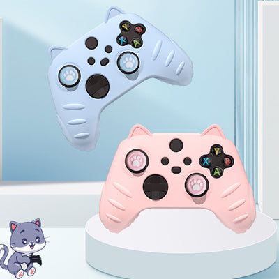 Light yellow silicone Xbox Series controller cover with cat ears, paw print joystick caps, and a cartoon cat sticker.