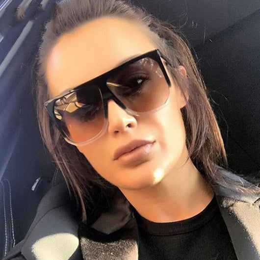 Large frame flat top sunglasses with black frames, brown gradient lenses, and subtle leopard print detail. - Image 22