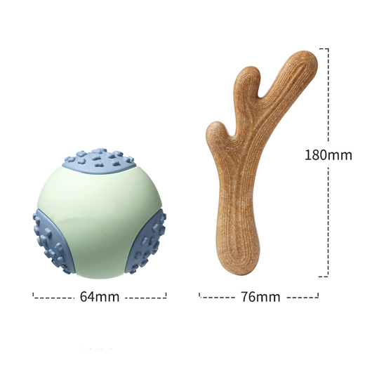 Mint green and blue rubber dog toy ball with textured nubs, measuring 64mm, for vocal and bite-resistant play. - Image 9