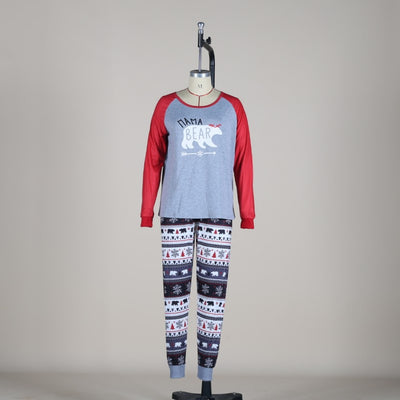 Child's Christmas pajama set with a grey 'LITTLE BEAR' top and red raglan sleeves, paired with patterned pants. - Image 10