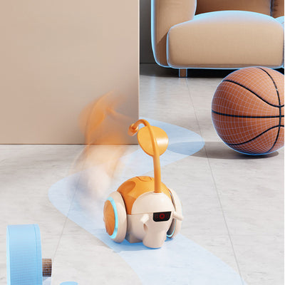 White and black electric cat teaser toy with blue accents and a flexible arm, shown with a white remote control. - Image 6