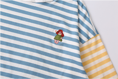 Camiseta Holgada para Mujer con Rayas y Bordado de Colores - Manga 3/4 Cuello Redondo - Image 3