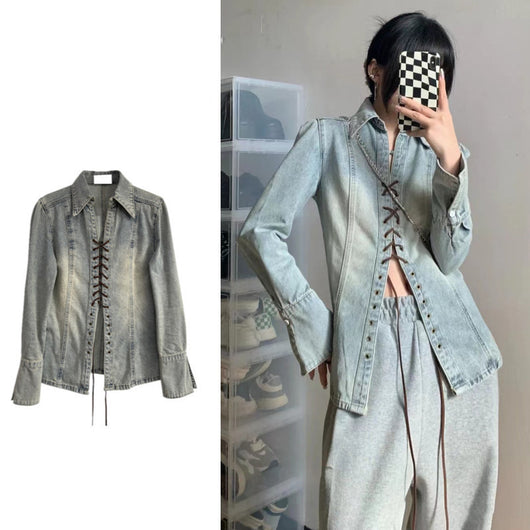 Camisa Denim Lavada con Cordones para Mujer