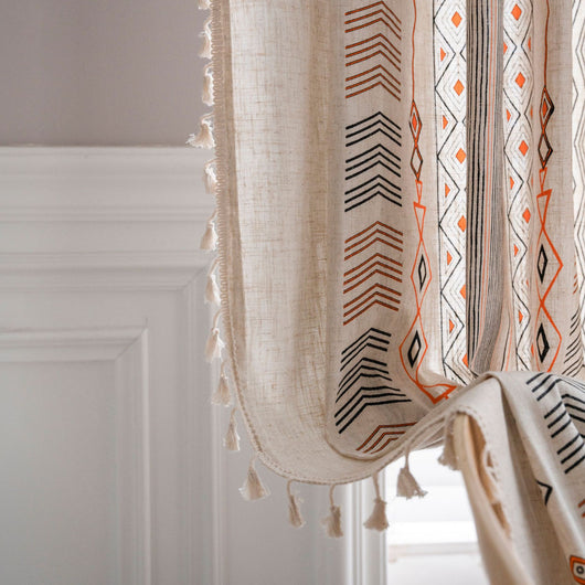 Boho cream cotton and linen curtain with tribal print in black and orange, featuring black fringe tassels. - Image 22
