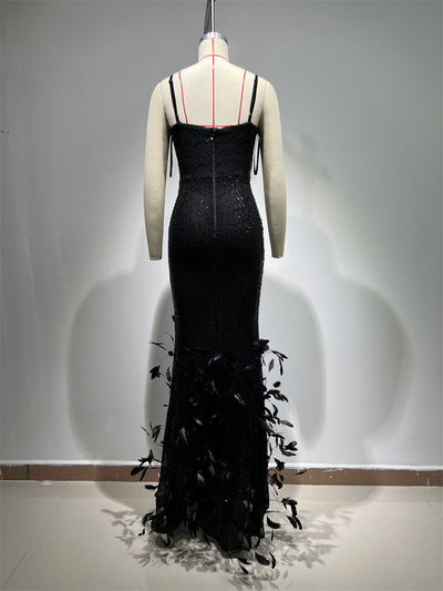 Vestido Sling Negro con Lentejuelas de Pluma - Image 16