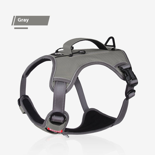 Orange and gray pet harness made of Oxford cloth with reflective trim, a top handle, and adjustable straps. - Image 8